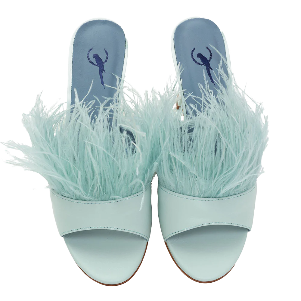 Feathers Light Blue Mules
