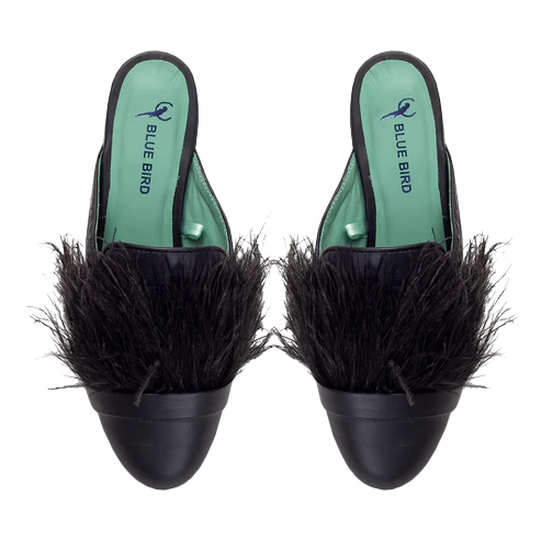 Feathers Black Loafer Mules - Blue Bird Shoes 